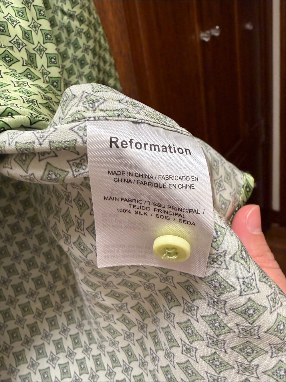 Reformation Silk Green Patterned Button-Up Shirt - Picture 3 of 5